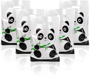 Detail of white plastic gift bags with cute cartoon panda eating bamboo prints