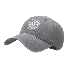 Distressed dark gray washed cotton baseball cap with vintage rock motherhood slogan