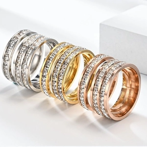 Sparkling Stainless Steel Ring Square Cubic Zirconia Inlaid Eternity Band For Couples Elegant Fashion Jewelry