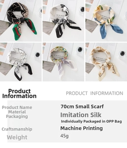 Macro detail of 70cm silk square scarves in various vintage chain and geometric prints
