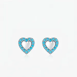 925 Sterling Silver Heart Stud Earrings With Turquoise Vintage Sweet Elegant Minimalist Jewelry For Women