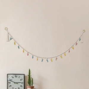 Handmade Macrame cotton wall hanging storage rope with colorful clips and wood rings
