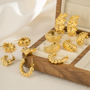 Minimalist 18k gold plated stainless steel C-shape earrings in various textures