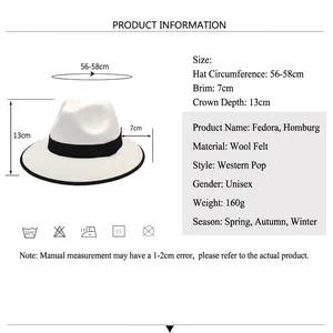 Unisex wool jazz hat in off-white with black ribbon showing size specs and dimensions