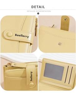 Macro view of macaron yellow leather wallet showing card slots and zipper pocket detail