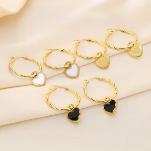 Stainless Steel Double Sided Heart Pendant Hoop Earrings Twisted Rope Design Enamel Drip Oil Vintage Sweet For Women