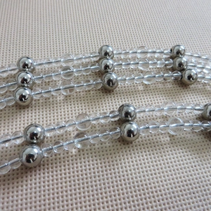 Close-up of beaded bag strap with silver metal spheres and clear crystal beads