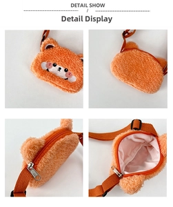 Detail view of plush orange raccoon bag featuring embroidery, zipper, and inner lining