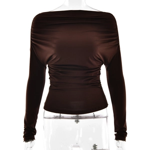 Brown off-shoulder long sleeve top for women with ruching details and slim fit style