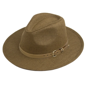 Classic khaki wide brim Panama straw hat with stylish leather belt and golden buckle detail