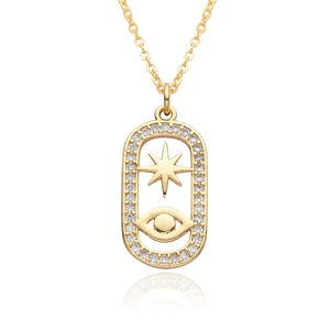 Luxury gold plated oval necklace with star and evil eye pendant in cubic zirconia