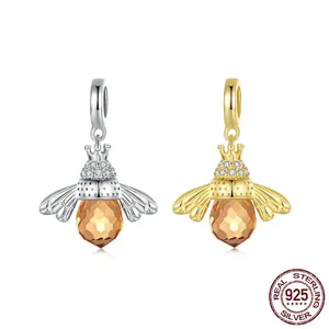 Bee Charm Pendant 925 Sterling Silver Amber Crystal Cubic Zirconia Crown For DIY Jewelry Making Bracelet Necklace