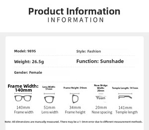 Specifiche dettagliate delle dimensioni e misure degli occhiali ovali moda da donna