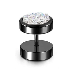 Macro view of black dumbbell earrings with iridescent white crushed stone inlay