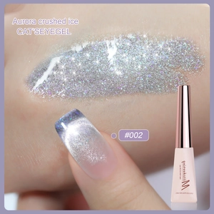 Macro detail of Aurora Crushed Ice Cat Eye Gel polish in silver shade number 002