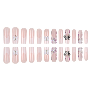 French tip coffin fake nails with 3D white bows and sparkling rhinestones on light pink base