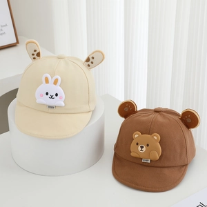 Cute baby baseball caps with 3D animal ears and cartoon patches in beige and caramel