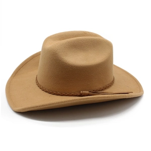 Close-up of camel felt western cowboy hat featuring detailed braided trim and stitching