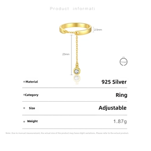 Detail specifications of s925 silver adjustable chain ring with measurements and weight