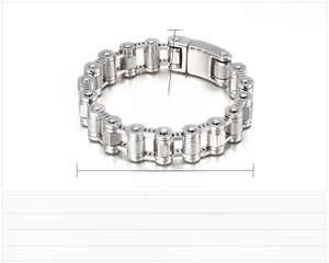 Technical drawing of a 16mm wide stainless steel skull bike chain bracelet with dimensions