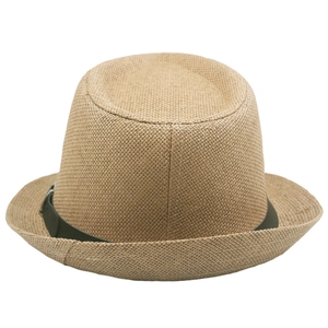 Detail of natural straw fedora featuring a dark decorative ribbon and classic texture