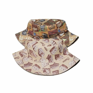 Women's summer canvas bucket hats with coffee and cheese pattern prints on white background