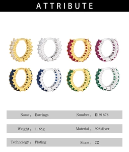 Detailed grid of 925 silver hoop earrings with colorful CZ stones in various finishes