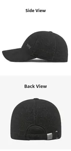 Detail view of winter baseball cap with side embroidery and adjustable metal buckle