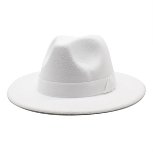 Elegant white wool felt fedora hat with flat brim and decorative ribbon band