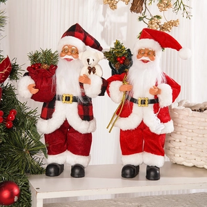 Standing Santa Claus figurines with red plaid suit and gift bags for Christmas decor