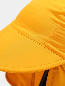 Detail of bright yellow kids sun hat showing textured fabric and reinforced double stitching
