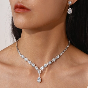 Close-up of teardrop zircon necklace and earrings set on a model with elegant jewelry detail