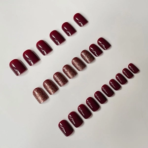 Short squoval red wine and rose gold glitter press-on nails set with 24 pieces