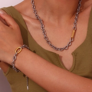 18K gold plated necklace and bracelet set with two-tone oval links for women