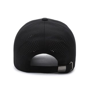 Minimalist black breathable baseball cap with laser-perforated fabric and metal buckle