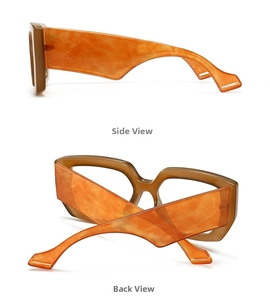 Detail view showing side and back of dark brown glasses with orange marble textured temples