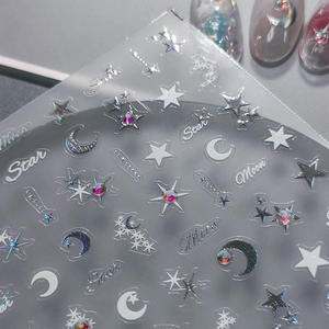 5D stereoscopic star and moon nail stickers with metallic laser texture and rhinestones