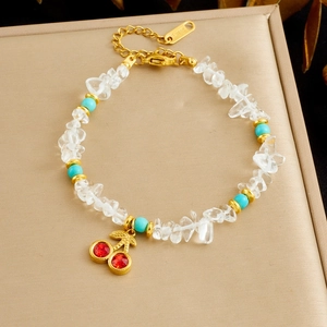 Cherry Pendant Beaded Bracelet Stainless Steel White Crystal Gravel Turquoise For Women Sweet Fashion Adjustable Chain
