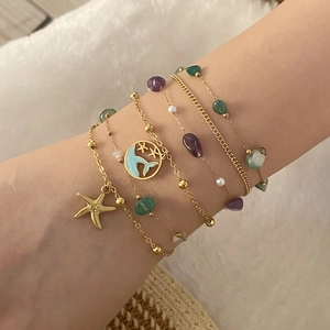 Double Layer Bracelet Stainless Steel Natural Stone Shell Starfish Fish Tail Charm Adjustable Summer Beach Jewelry For Women