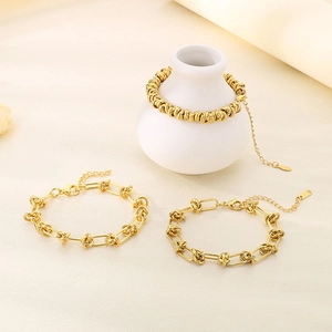 Dreiteiliges goldenes Hip-Hop-Punk-Kettengliederarmband-Set aus poliertem Edelstahl