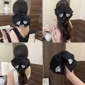 Large Hair Claw Clip With Oversized Satin Bow Rhinestone Accents Elegant Shark Clip Headdress For Women Hair Styling