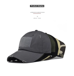 Detailed stack of distressed washed cotton baseball caps with American flag patches