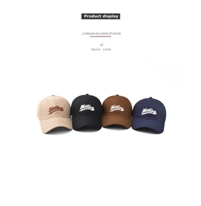Detailed embroidery of Nothing text on a set of four colorful baseball caps