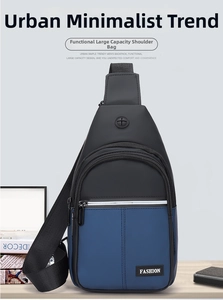 Detail of multi-compartment black and blue crossbody chest bag with adjustable strap