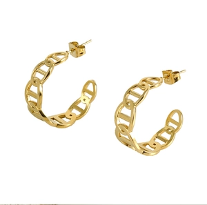 Detailed view of gold plated pig nose chain earrings on white background