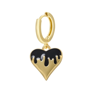 Golden heart drop earrings with black enamel melt design on white background
