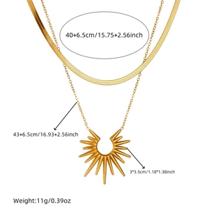 Double-layer gold stainless steel sunburst necklace with snake chain and spike pendant