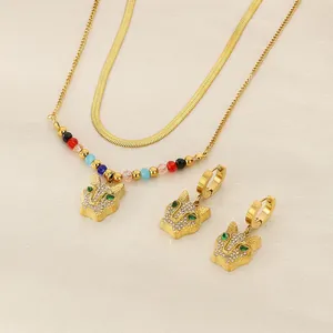 Panther Head Pendant Necklace And Earrings Stainless Steel 18K Gold Plated Double Layer Snake Bone Chain Colorful Beads