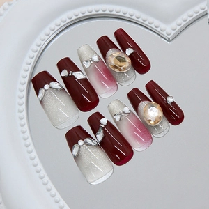 French vintage burgundy and cat-eye silver press-on nails with shiny rhinestones