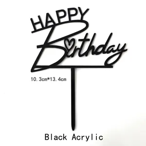 Set of 10 black acrylic Happy Birthday cake toppers with love heart design